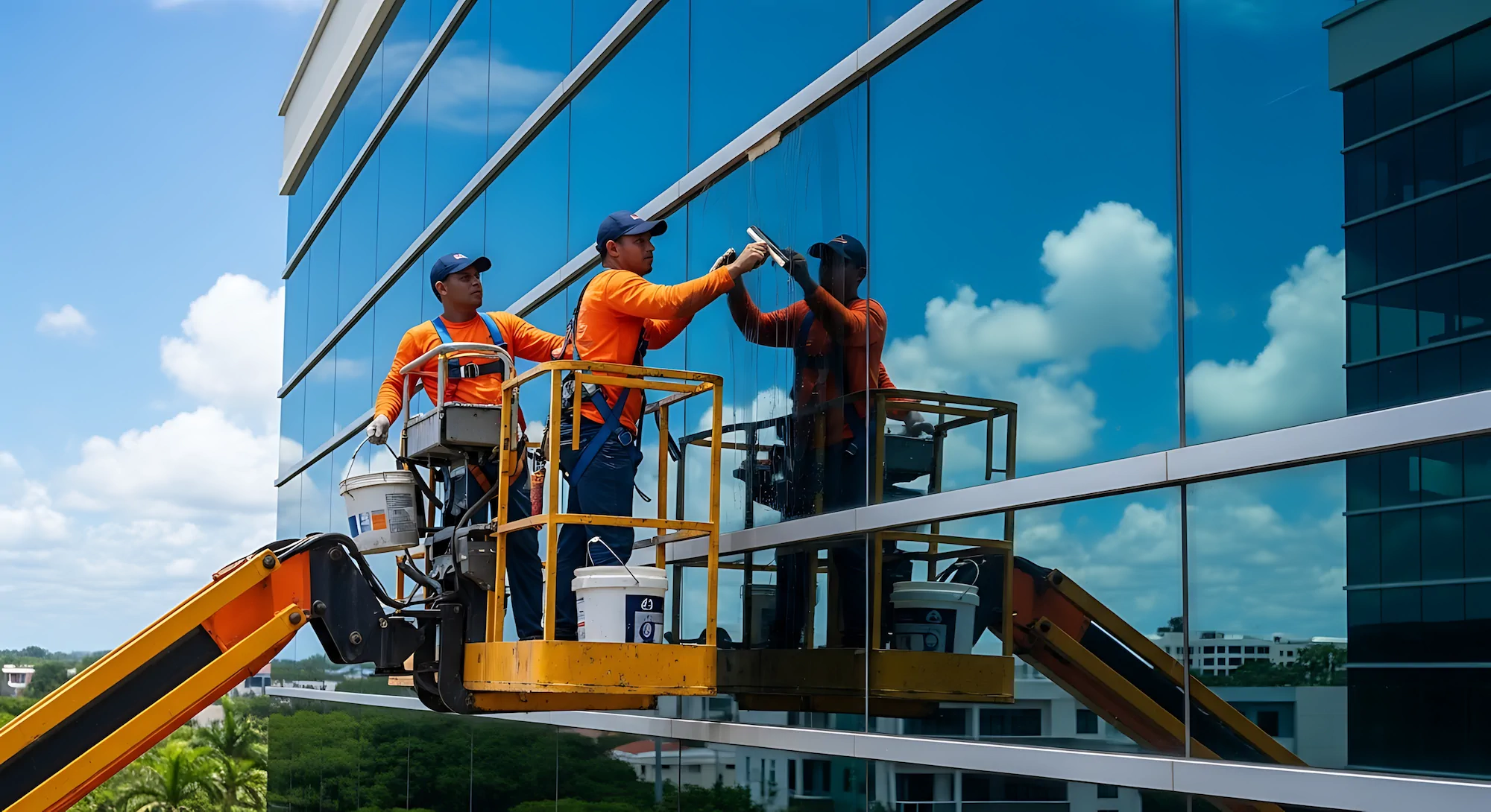 Técnicos de High Point trabajando en una fachada de cristal desde una plataforma elevadora