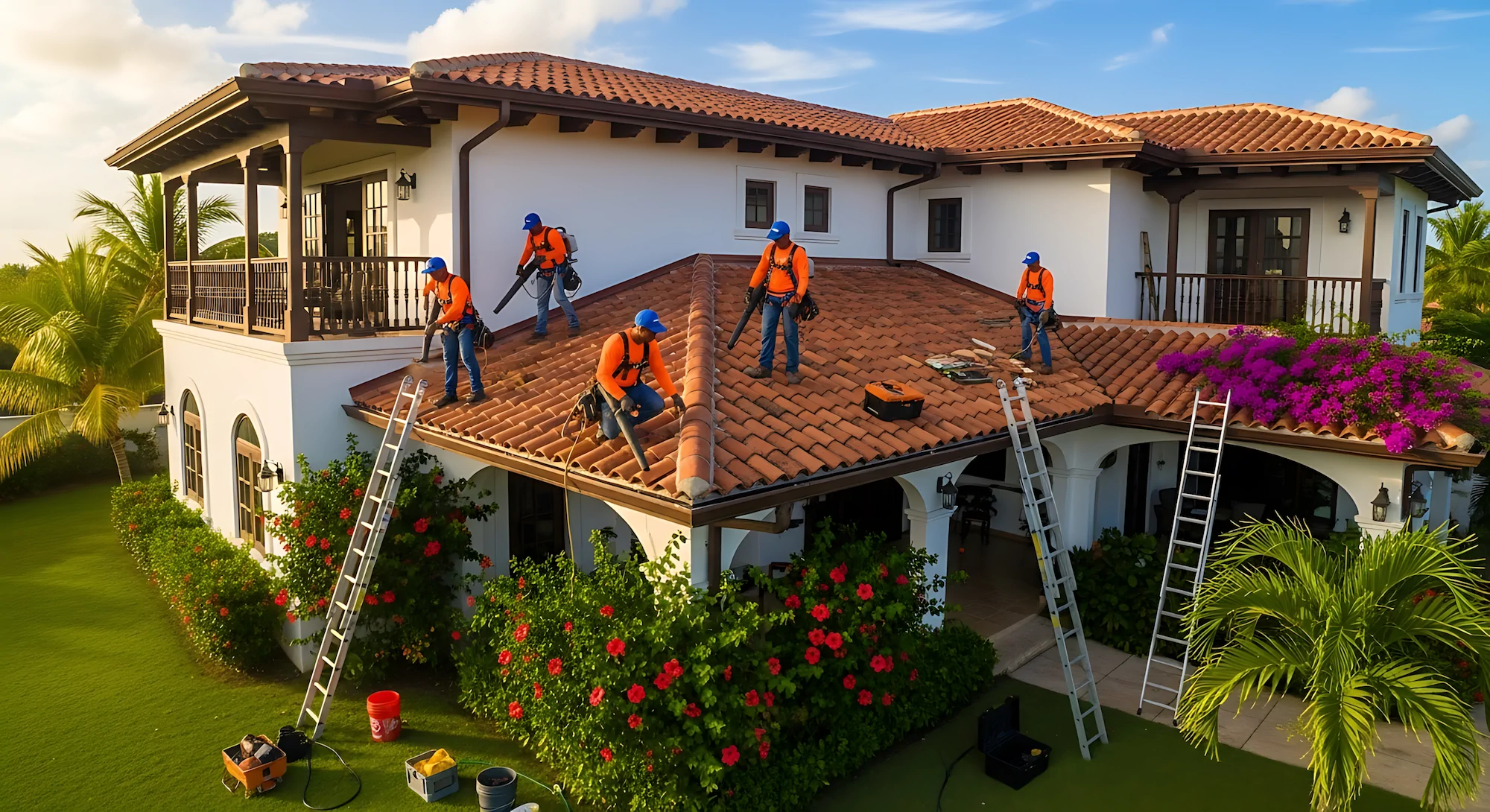 Equipo de High Point trabajando en el techo de una residencia