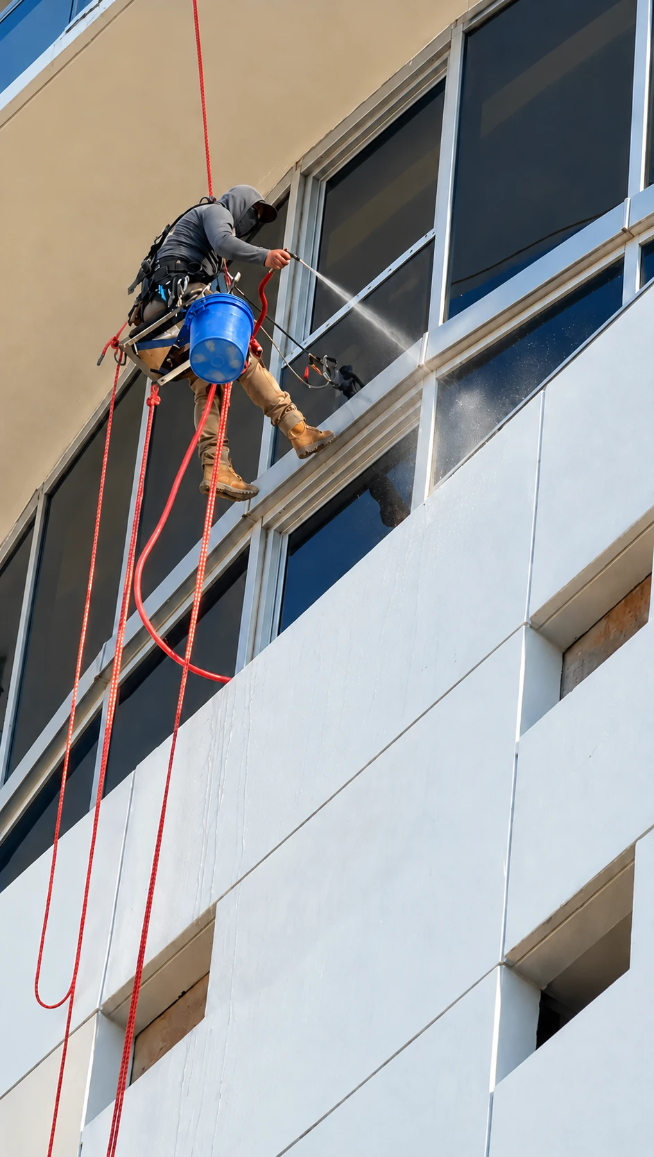 Técnico suspendido en cuerdas trabajando en una fachada de difícil acceso