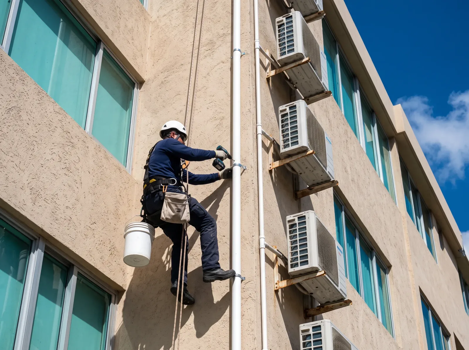 Técnico en cuerdas instalando una línea vertical de drenaje de aires acondicionados en una fachada