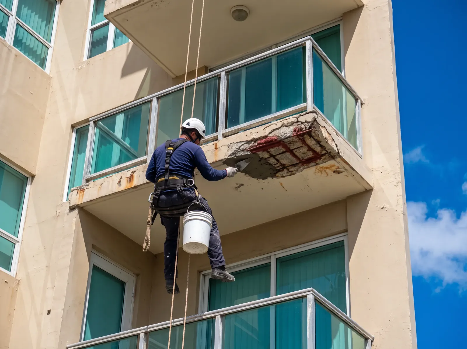 Técnico en cuerdas reparando concreto con varillas corroídas en el borde de un balcón